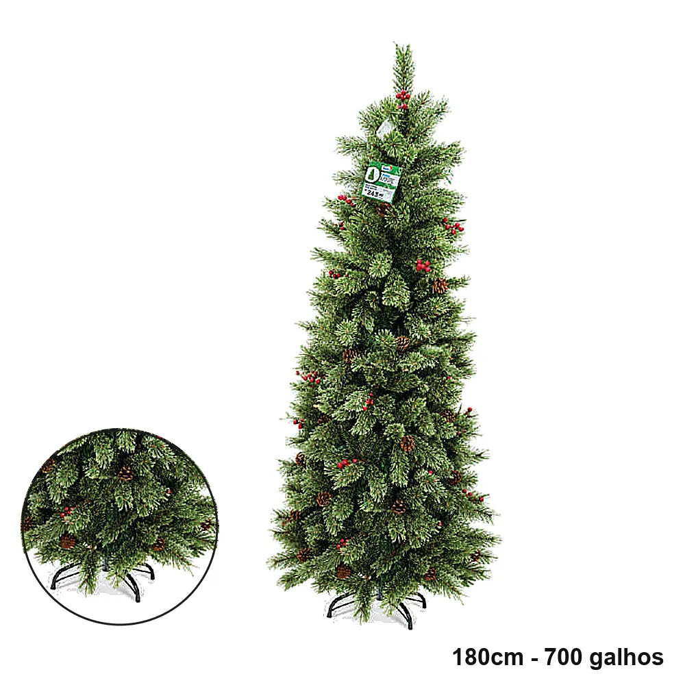 Árvore de Natal Grande com Azevinhos e Pinhas 1,80m 700 Galhos