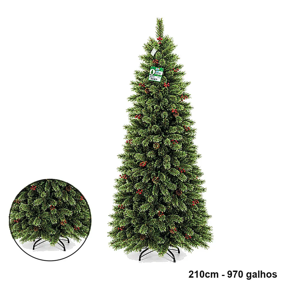 Árvore de Natal Grande com Azevinhos e Pinhas 2,10m 970 Galhos