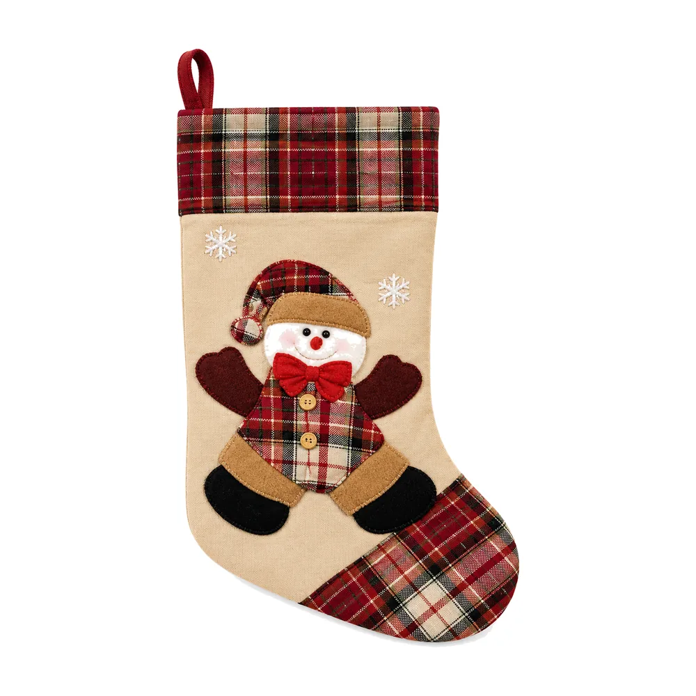 Bota de Natal Decorativa Bege Xadrez Boneco de Neve