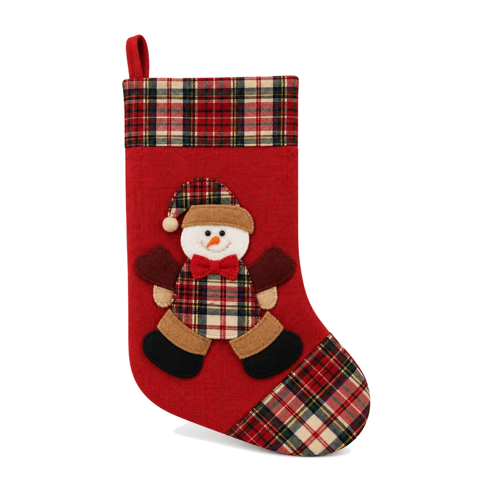 Bota de Natal Decorativa Vermelha Xadrez Boneco de Neve